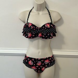 Victorias Secret Black, Polka, Flower Bathing Swim Suit Bikini, Large, 36D